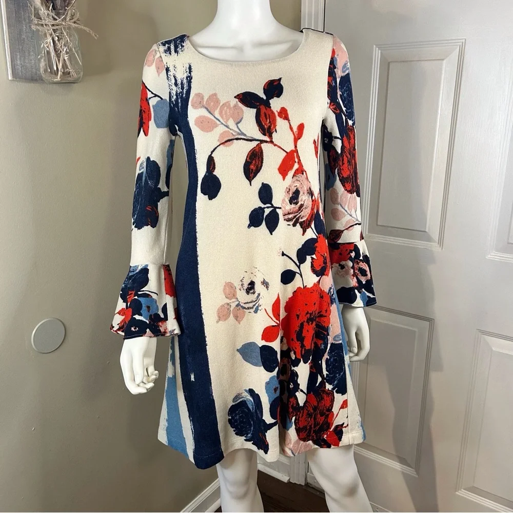 Maeve Anthousai Floral Knit Bell Sleeve Sweater Mini Dress - Picture 2 of 15